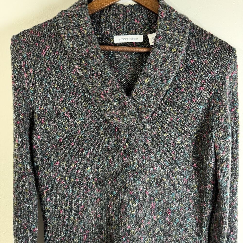 LIZ CLAIBORNE Multicolor Speckled Sweater LongSleeve Shawl Collar Knot Top Large